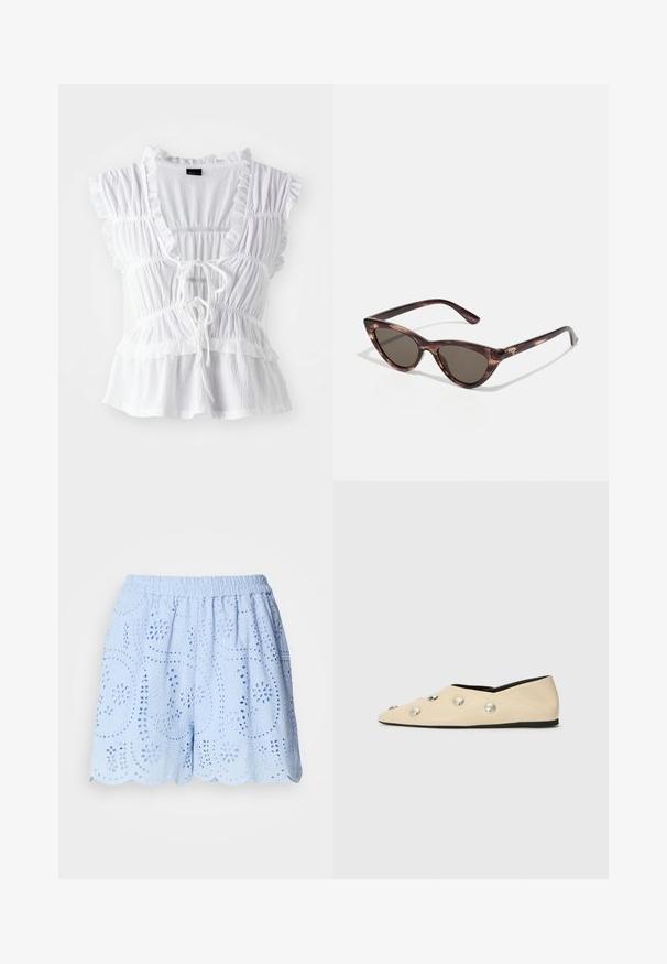Blusa bianca con maniche corte arricciate, tessuto testurizzato, scollatura profonda a V con nastro frontale e dettagli a balze a livelli sul fondo.; Pantaloni corti azzurri in cotone con motivi ricamati a forma di intaglio, vita elastica e orlo scallop. Presenta disegni floreali e fogliari.; CLOSED Ballerine - ecru; Occhiali da sole a forma di occhio di gatto con lenti scure e motivo tartarugato. Realizzati in plastica leggera, con aste sottili e dettagli del logo.; Borsa in tessuto intrecciato di colore verde oliva, dalla forma ampia e arrotondata, con un'unica maniglia allungata per il trasporto. Superficie texturizzata.