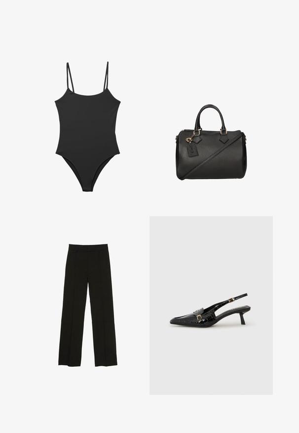 Black one-piece swimsuit with thin adjustable straps, a smooth textile finish, and a high-cut leg design. Minimalist style with no embellishments.; Black wide-leg trousers made from a smooth fabric, featuring a fitted waistband and subtle front pleats for added texture.; Black pointed-toe slingback heels with a crocodile texture, slim heel, and a decorative gold buckle detail on the strap.; Black leather handbag with a textured finish, dual top handles, a detachable shoulder strap, and gold-tone hardware accents.