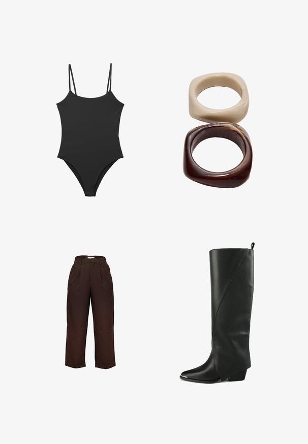Maillot de bain une pièce noir avec de fines bretelles réglables, une finition textile lisse et une coupe haute au niveau des jambes. Style minimaliste sans embellissements.; Pantalons larges taille haute, marron foncé, avec passants de ceinture et plis à l'avant, présentés sur fond blanc.; Bottes noires en cuir montantes avec un bout pointu, un design angulaire, des détails de couture courbés et un petit talon carré.; Stradivarius SET - Bracelet - dark brown