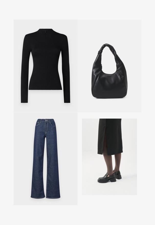 Black long-sleeve ribbed top with a high neck and a back zipper detail, featuring a fitted silhouette and soft texture.; Wide-leg denim jeans in dark blue, featuring a high waist, front pockets, visible stitching, and a clean finish at the hems.; Black leather shoes with a rounded toe, thick block heel, and elastic side accents, paired with dark tights and a black skirt with a slit.; Black hobo bag made of smooth leather-like material with a twisted handle, featuring a soft, rounded shape and a top zipper closure.; Silver hoop earrings with a minimalist design. Circular shape, smooth texture, and thin profile. Lightweight with a polished finish.