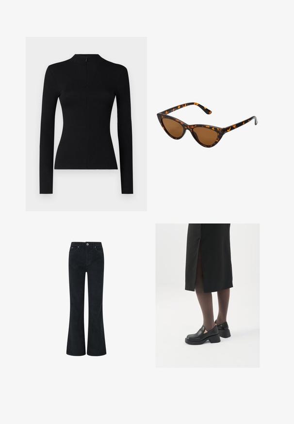 Musta pitkähihaisia ribbipaita korkealla kauluksella ja takana vetoketjuyksityiskohdalla, jossa on muotoiltu siluetti ja pehmeä tekstuuri.; Mustat samettihousut levenevällä lahkeella, joissa on nappi- ja vetoketjukiinnitys, kaksi etutaskua ja sileä pinta. Suora lahjetyyli.; Mustat nahkakengät pyöreällä kärjellä, paksulla lohkopohjalla ja joustavilla sivuakkesseilla, yhdistettynä tummiin sukkahousuihin ja mustaan hameeseen, jossa on halkio.; Kattöga solglasögon med en svart och orange sköldpaddsmönstrad båge, bruna linser och slanka, spetsiga spetsar. Har en minimal logotyp på skalmen.