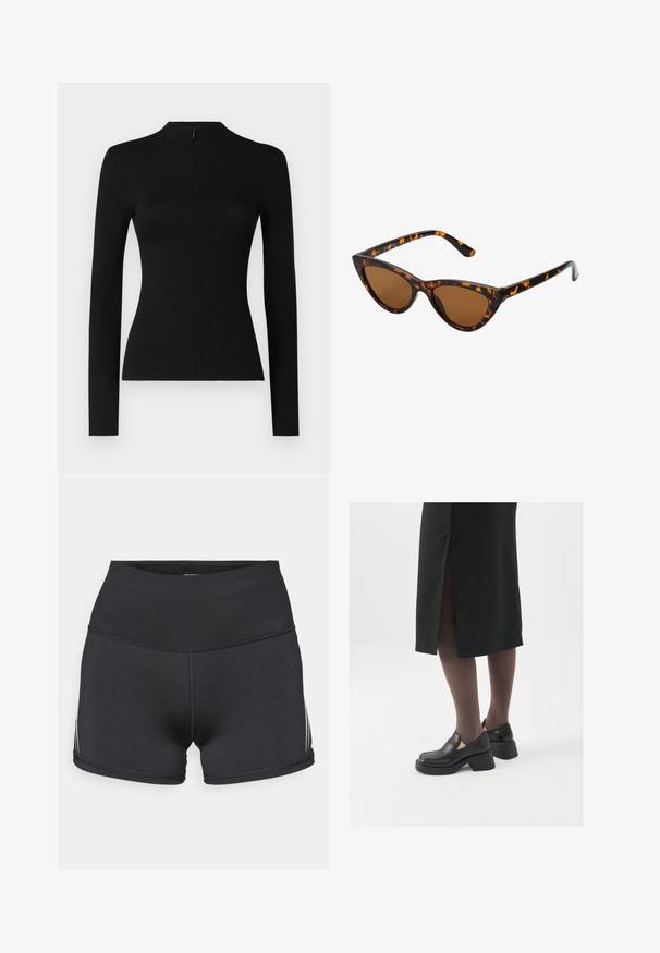 Melnā garām piedurknēm ribota blūze ar augstu apkakli un aizmugurē esošu rāvējslēdzēju, ar pieguļošu siluetu un mīkstu tekstūru.; adidas Performance ADIZERO - Pieguļoši skriešanas šorti - black; Melni ādas apavi ar noapaļotu purngalu, biezām bloku papēžiem un elastīgiem sānu akcentiem, apvienoti ar tumšām zeķubiksēm un melnu svārku ar šķirbu.; Kaķa acs saulesbrilles ar melnu un oranžu bruņurupuču rakstu rāmi, brūnām lēcām un elegantiem, norādītiem galiem. Rāmī ir minimālists logos uz tempļa.