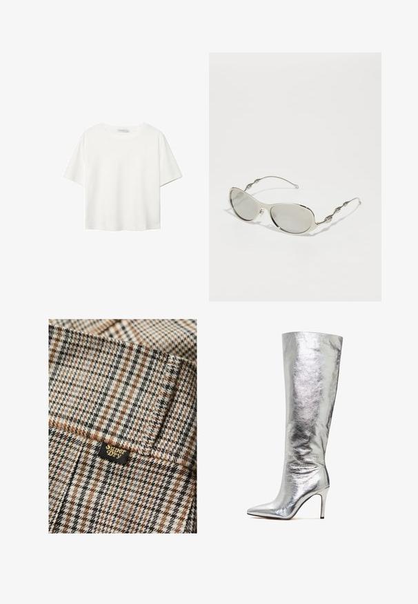 Biała koszulka z krótkim rękawem, wykonana z bawełny. Posiada okrągły dekolt i luźny krój. Gładka faktura bez widocznych wzorów czy akcentów.; Brązowa, szara i czarna tkanina w kratkę z teksturowanym wykończeniem. Zawiera małą czarną metkę z napisem "Superdry" w złotym kolorze.; Srebrna, wysoka szpilka z wąskim noskiem, wykonana z błyszczącego materiału metalicznego, charakteryzująca się smukłym, dopasowanym krojem i wysokim obcasem.; Srebrne okulary przeciwsłoneczne z owalnymi soczewkami, cienkimi metalowymi oprawkami i falistymi akcentami na zausznikach. Soczewki są delikatnie przyciemnione, a oprawka jest smukła i nowoczesna.