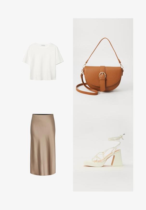 Vit t-shirt med kort ärm i bomull. Har en rundad halsringning och en avslappnad passform. Slät textur utan synliga mönster eller detaljer.; Brun satin midi kjol med en slät textur, en rak silhuett och en elastisk midja för komfort. Ingen synlig mönster eller accenter.; Vit högklackad sandal med en kraftig klack, med ett remdesign och ankelband. Slät textur med en plattform framtill för ökad höjd.; Brun läder crossbody-väska med en böjd form, gyllene detaljer och en spänneaccent. Har en avtagbar axelrem.