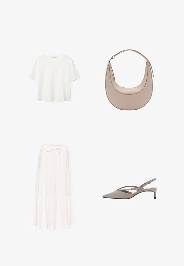 Weißes T-Shirt mit kurzen Ärmeln aus Baumwolle. Hat einen Rundhalsausschnitt und eine lockere Passform. Glatte Textur ohne sichtbare Muster oder Akzente.; Weißer, gestufter Maxiröcke aus leichtem Stoff. Mit einem elastischen Taillenbund und einer gebundenen Kordel. Glatte Textur, schlichtes Design.; Beige Slingback-High Heels mit spitzem Zehenbereich, dünnen, gekreuzten Riemen und einem kurzen Stiletto-Absatz. Glattes Material mit goldfarbenen Hardware-Akzenten.; Beige Leder Schultertasche in Halbmondform, mit glatter Oberfläche und einem geschwungenen Henkel. Verfügt über einen Reißverschluss und saubere Nähte.