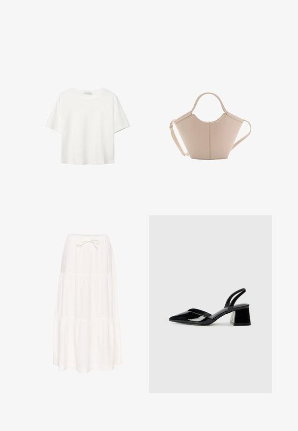 Biała koszulka z krótkim rękawem, wykonana z bawełny. Posiada okrągły dekolt i luźny krój. Gładka faktura bez widocznych wzorów czy akcentów.; Biała, warstwowa długa spódnica wykonana z lekkiego materiału. Posiada elastyczny pas z wiązanym sznurkiem. Gładka tekstura, prosty design.; Czarne lakierowane półbuty na obcasie z wydłużonym noskiem i geometrycznym słupkiem. Charakteryzują się eleganckim, minimalistycznym designem oraz gładką fakturą.; Beżowa skórzana torebka o unikalnym kształcie, z dwoma krótkimi uchwytami i długim, regulowanym paskiem. Gładka tekstura z minimalną ilością elementów metalowych.