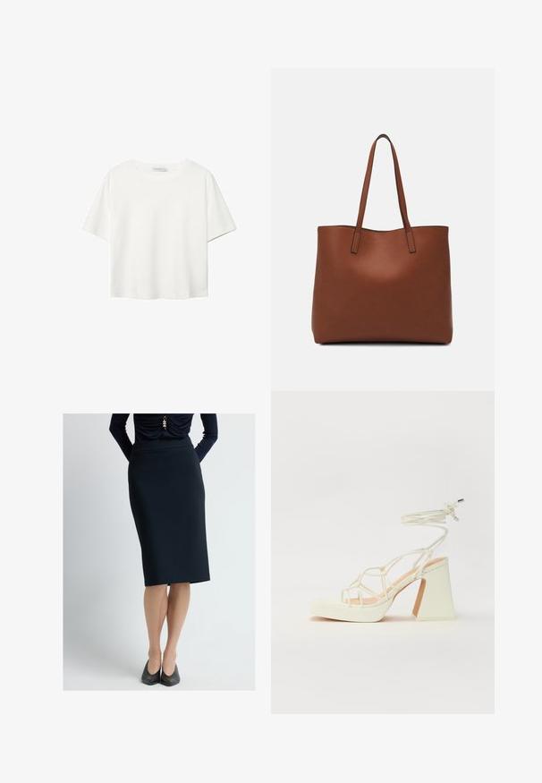 Valkoinen lyhythihainen T-paita, joka on tehty puuvillasta. Siinä on pyöreä kaula-aukko ja rento malli. Silkkinen pinta ilman näkyviä kuvioita tai koristeita.; Polvimittainen, istuva musta hame, joka on valmistettu pehmeästä joustavasta kankaasta, jossa on sileä pinta. Hameessa on vyötärönauha ja minimalistinen muotoilu.; Valkoinen korkokenkä, jossa on paksu korko, ja joka sisältää nauhakiinnityksen ja nilkkaketjun. Sujuva pinta, jossa on platform-etupohja lisäkorkeutta varten.; Ruskea nahkainen olkalaukku, jossa on sileä pinta, avoin yläosa ja kaksi olkahihnaa. Omaavat vain minimaalisen ompelun eikä näkyvää metalliosaa.