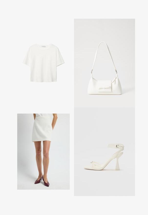 T-shirt blanc à manches courtes en coton. Doté d'un col ras du cou et d'une coupe décontractée. Texture lisse sans motifs ni accents visibles.; Mini-jupe blanche texturée avec une coupe droite, dotée d'une taille haute. Associée à des escarpins bordeaux à bout pointu.; Sandale à talons hauts à brides en cuir blanc avec un design épuré, un talon bloc transparent et un élément décoratif au niveau des orteils.; Sac à main synthétique blanc en forme triangulaire, avec un rabat avant plat et un détail en nœud, une bandoulière ajustable, une texture lisse et un design minimaliste.