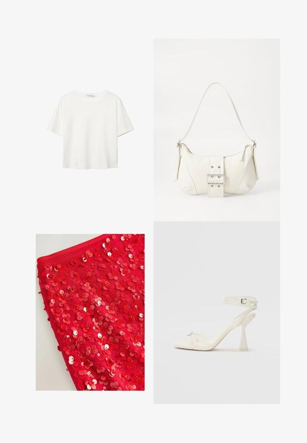 Weißes T-Shirt mit kurzen Ärmeln aus Baumwolle. Hat einen Rundhalsausschnitt und eine lockere Passform. Glatte Textur ohne sichtbare Muster oder Akzente.; Roter Stoff, der mit glänzenden roten Pailletten in Blumenform bedeckt ist und verschiedene Größen und Texturen aufweist, wodurch ein geschichteter, strukturierter Eindruck entsteht.; Sandaletten aus weißem Leder mit hohen Absätzen, schlankem Design, transparentem Blockabsatz und einem dekorativen Element an der Zehe.; Weiße Schultertasche mit texturierter Oberfläche, zentralem Schnallenakzent und geschwungener Form. Reißverschluss an beiden Seiten.