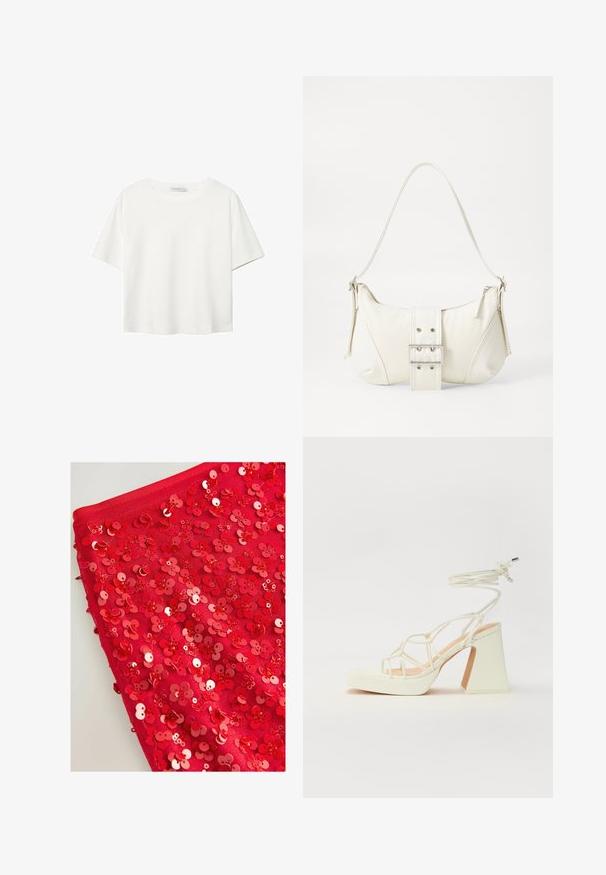 T-shirt blanc à manches courtes en coton. Doté d'un col ras du cou et d'une coupe décontractée. Texture lisse sans motifs ni accents visibles.; Tissu rouge recouvert de sequins rouges brillants en forme de fleurs, avec des tailles et des textures variables, créant une apparence superposée et texturée.; Sandale blanche à talons hauts avec un talon épais, présentant un design à lanières et un lien autour de la cheville. Texture lisse avec une plateforme à l'avant pour une hauteur supplémentaire.; Sac à épaule blanc avec une finition texturée, une accentuation par une boucle centrale et une forme courbée. Fermetures éclair des deux côtés.
