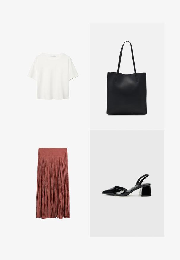 Hvid kortærmet t-shirt lavet af bomuld. Har en rund halsudskæring og en afslappet pasform. Glat tekstur uden synlige mønstre eller detaljer.; Rustrød, lang, plisseret nederdel lavet af letvægtsstof. Har en glat talje og vertikal struktur hele vejen igennem.; Sorte patentlæder slingback hæle med spids tå og en geometrisk blok hæl. Har et elegant, minimalistisk design og en glat tekstur.; Sort læder tote taske med glat tekstur, rektangulær form og to lange hanke. Ingen synlig hardware eller udsmykninger.