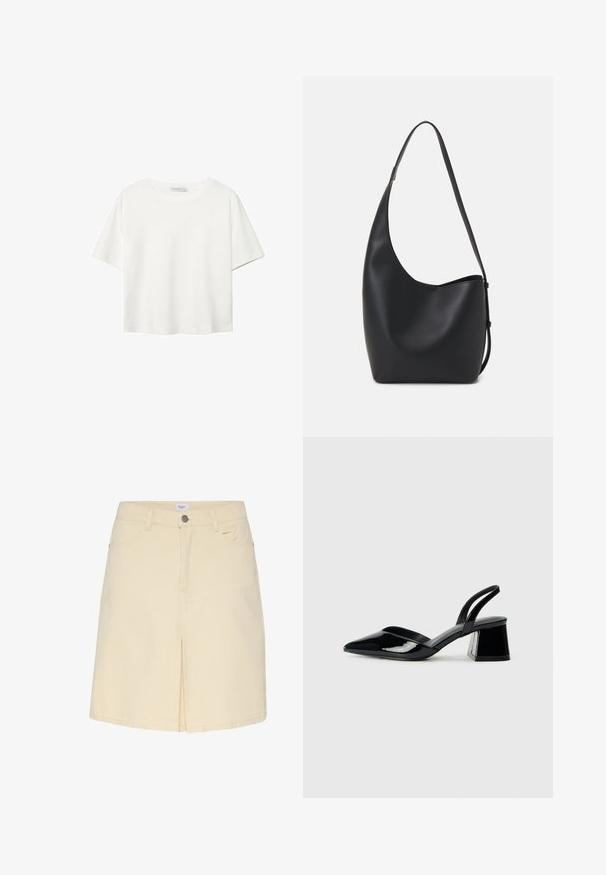 Valkoinen lyhythihainen T-paita, joka on tehty puuvillasta. Siinä on pyöreä kaula-aukko ja rento malli. Silkkinen pinta ilman näkyviä kuvioita tai koristeita.; Vaaleanbeige farkuhame, jossa on etuaukko, tavallinen vyötärö ja klassinen viisi-taskuinen muotoilu. Sujuva rakenne ja minimalistinen tyyli.; Mustat patentoitu nahkakengät, joissa on säären takaosa ja terävä kärki, sekä geometrinen palikkakorko. Sisältää tyylikkään, minimalistisen muotoilun ja sileän pinnan.; Musta nahkainen hobo-laukku, jossa on sileä pinta, kaareva muoto ja yksi säädettävä olkahihna; sisäänkäynti on leveä ylhäältä.