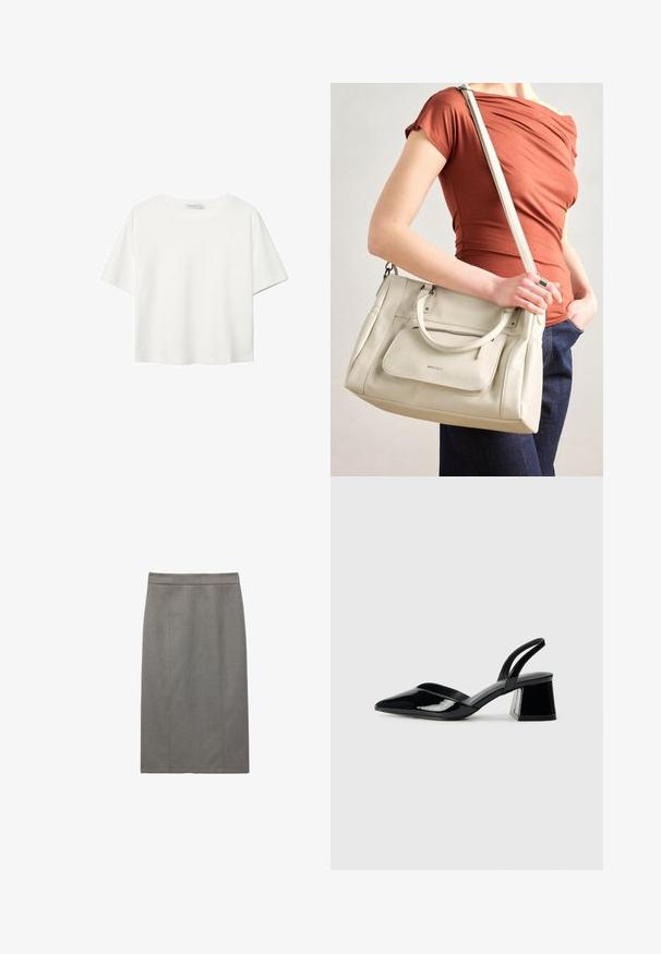 Hvid kortærmet t-shirt lavet af bomuld. Har en rund halsudskæring og en afslappet pasform. Glat tekstur uden synlige mønstre eller detaljer.; Grå blyantnederdel med en lige silhuet, tilpassede sømme og en glat tekstur. Designet inkluderer en høj talje for en sikker pasform.; Sorte patentlæder slingback hæle med spids tå og en geometrisk blok hæl. Har et elegant, minimalistisk design og en glat tekstur.; Hvid lædertaske med dobbelte hanke og en aftagelig skulderrem, der har en lynlåslomme foran og en glat overflade. Bæres på en persons arm.; Stradivarius FLORAL - Halskæder - beige