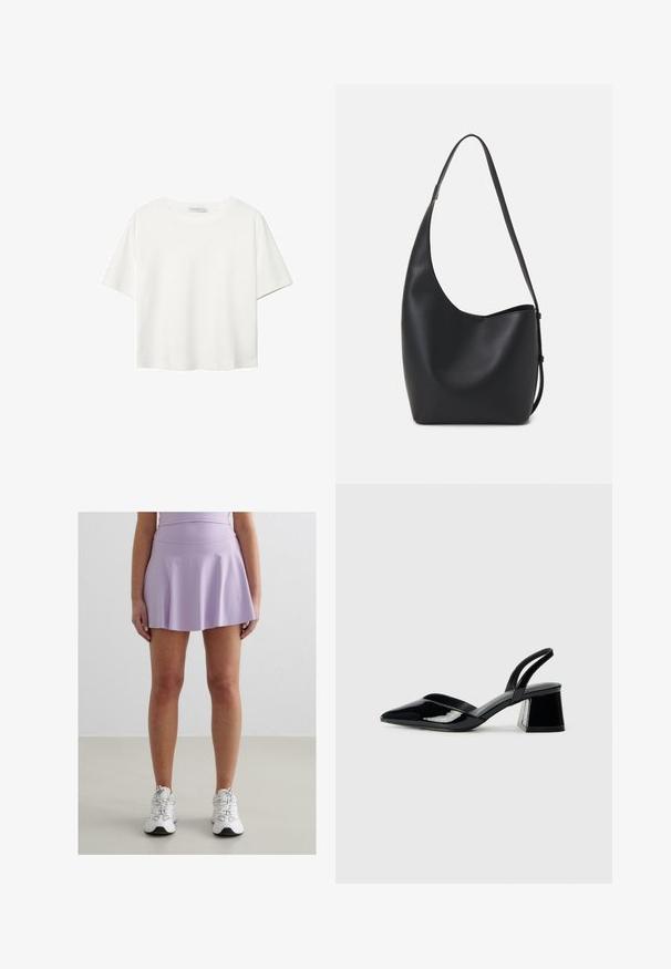 Biela krátkopsová tričko vyrobené z bavlny. Má okrúhly výstrih a voľný strih. Hladká textúra bez viditeľných vzorov alebo akcentov.; Fialová športová sukňa s rozšíreným lemom, vyrobená z hladkej, elastickej tkaniny. Spárovaná s bielymi teniskami s šedými akcentmi.; Čierne lakované kožené sandálové podpätky s špicatou špičkou a geometrickým blokovým podpätkom. Disponujú elegantným, minimalistickým dizajnom a hladkým povrchom.; Čierna kožená hobo taška so hladkou textúrou, zakriveným tvarom a jedným nastaviteľným popruhom; má široké otvorenie na vrchu.
