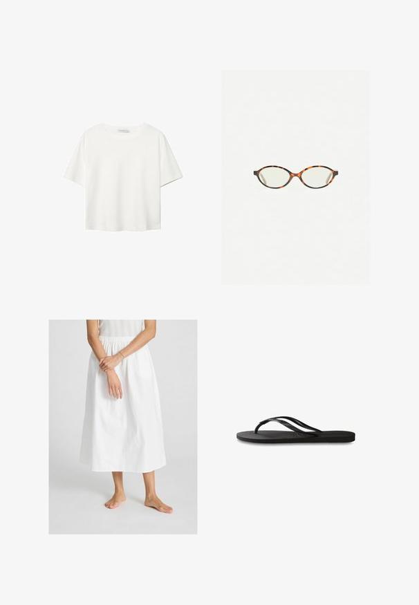 Valkoinen lyhythihainen T-paita, joka on tehty puuvillasta. Siinä on pyöreä kaula-aukko ja rento malli. Silkkinen pinta ilman näkyviä kuvioita tai koristeita.; Valkoinen, nilkkapituisista puuvillasta valmistettu hame, jossa on joustava vyötärö. Sileä rakenne, yksinkertainen ja valuvasti laskeutuva muotoilu.; Mustat flip-flopit, joissa on röpelöinen kumipohja, kaksi hoikkaa remmiä ja hillitty, kohokuvioitu logotyyli remmissä.; Kilpikonnakuosiset silmälasit, joissa on soikeat linssit ja tyylikäs, sileä pinta. Ominaisuudet: ohuet sivut, joissa on hienovarainen kaari temppeleissä. Kirkkaat linssit.; Tan suede laukku kahdella pitkällä kahvalla, suorakulmainen muoto ja koristeellinen ompelu. Sisältää sivuhihnan ja hillittyjä kultaisia varusteita.