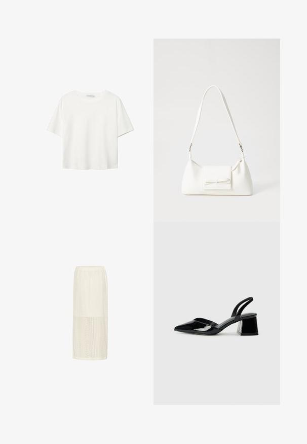 Weißes T-Shirt mit kurzen Ärmeln aus Baumwolle. Hat einen Rundhalsausschnitt und eine lockere Passform. Glatte Textur ohne sichtbare Muster oder Akzente.; Weiße Midikjolle mit strukturiertem Spitzenmuster, einem leicht elastischen Bund und gerader Silhouette. Leichter und luftiger Stoff.; Schwarze Lackleder-Slingback-High Heels mit spitzem Schuh und einem geometrischen Blockabsatz. Verfügt über ein schlankes, minimalistisches Design und eine glatte Textur.; Weiße synthetische Handtasche in dreieckiger Form, flache Vorderklappe und Schleifendetail, verstellbarer Trageriemen, glatte Textur und minimalistisches Design.