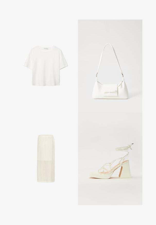 Bela kratka majica s kratkimi rokavi iz bombaža. Ima okroglo izrezovanje in sproščen kroj. Gladka tekstura brez vidnih vzorcev ali poudarkov.; Bela midi krila z teksturiranim čipkastim vzorcem, rahlo elastičnim pasom in ravno silhueto. Lahka in zračna tkanina.; Bela sandala na visokih petah s debelim petam, ki ima obliko trakcev in vezanje okoli gležnja. Gladka tekstura z platformo spredaj za dodatno višino.; Bela sintetična torbica v obliki trikotnika, z ravnim sprednjim poklopcem in detajlom mašne, nastavljivim trakom, gladko teksturo in minimalističnim dizajnom.
