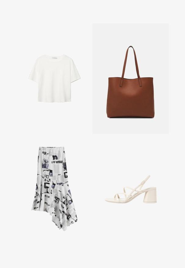Bijela majica kratkih rukava od pamuka. Ima okrugli izrez i opušteni kroj. Glatka tekstura bez vidljivih uzoraka ili naglasaka.; Bijela asimetrična suknja s printanim dizajnom s crnim tekstom i slikama, izrađena od laganog materijala. Rubovi su nježno obrubljeni.; Bežne sandale s petom u bež boji s tankim, ukrštenim trakama, otvorenim nožnim prstima i kvadratnim blok petom. Glatki patentirani finiš, podesiva remenica oko gležnja.; Smeđa kožna torba preko ramena s glatkom teksturom, otvorenim vrhom i dvjema naramenicama. Ima minimalne šavove i nema vidljivog hardvera.