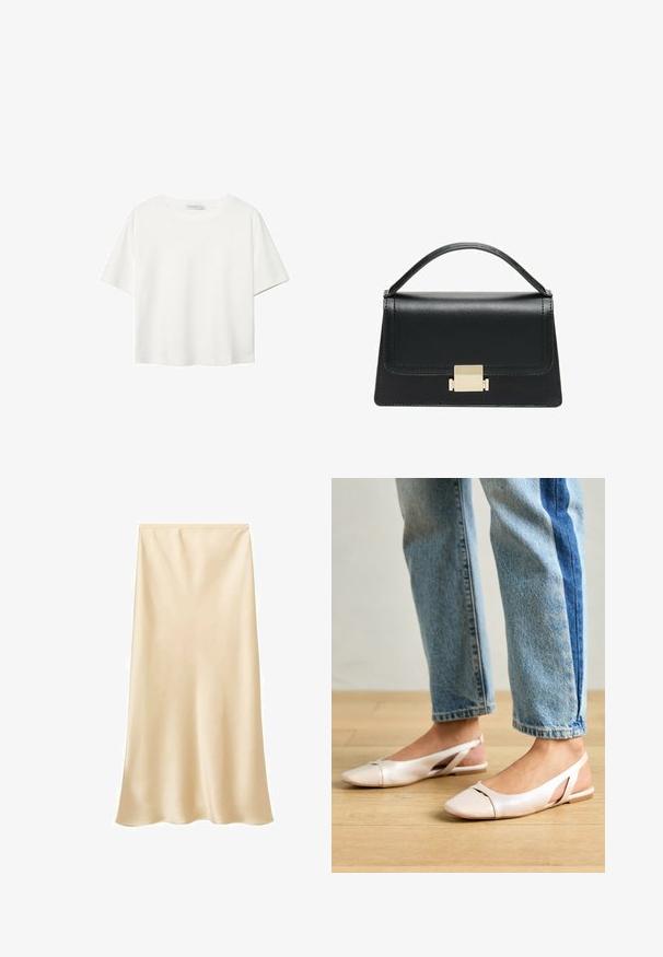 T-shirt blanc à manches courtes en coton. Doté d'un col ras du cou et d'une coupe décontractée. Texture lisse sans motifs ni accents visibles.; Jupe midi en satin de couleur beige clair. Texture lisse, design fluide avec un ourlet légèrement évasé. Pas de fermetures ou d'ornements visibles.; Ballerines slingback rose pâle avec un bout pointu, fabriquées en un matériau semblable au cuir lisse. Présentent des découpes sur les côtés et un talon plat.; Sac à main en cuir noir au design structuré, avec une poignée supérieure et un détail de fermoir en métal doré à l'avant. Texture lisse, couture minimale.