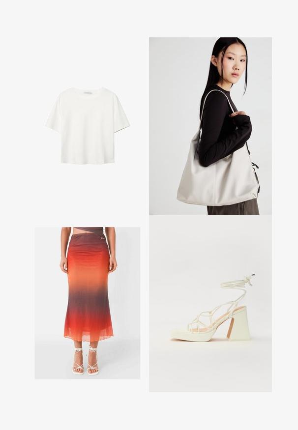 Hvid kortærmet t-shirt lavet af bomuld. Har en rund halsudskæring og en afslappet pasform. Glat tekstur uden synlige mønstre eller detaljer.; Lang, tætsiddende nederdel i en gradient fra orange til rød, lavet af et let, gennemsigtigt stof. Udsmykket med et lille logo på linningen.; Hvide højhælede sandaler med en kraftig hæl, der har et stropdesign og ankelbinding. Glat tekstur med en platform foran for ekstra højde.; Beige håndtaske lavet af blødt materiale med et slouchy design, stikninger og to skulderremme. Velegnet til daglig brug.