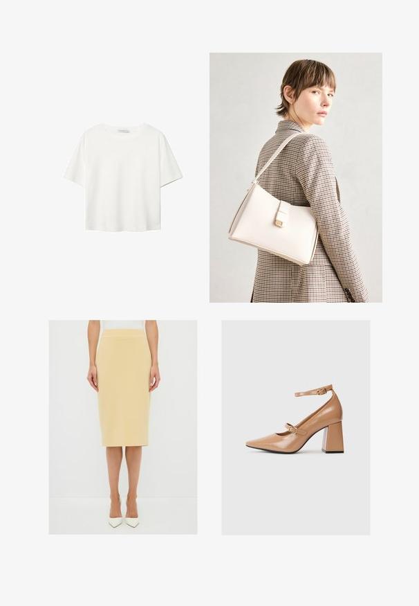 Weißes T-Shirt mit kurzen Ärmeln aus Baumwolle. Hat einen Rundhalsausschnitt und eine lockere Passform. Glatte Textur ohne sichtbare Muster oder Akzente.; adL WITH BACK ZIPPER - Bleistiftrock - yellow; Beige Lackleder-Pumps mit spitzem Zeh, einem Knöchelriemen und einem massiven Quadratabsatz. Glatte Textur mit glänzender Oberfläche.; Weiße Lederhandtasche mit strukturiertem Design, ausgestattet mit einem Magnetverschluss und einem Schulterriemen, präsentiert vor einem neutralen Hintergrund.