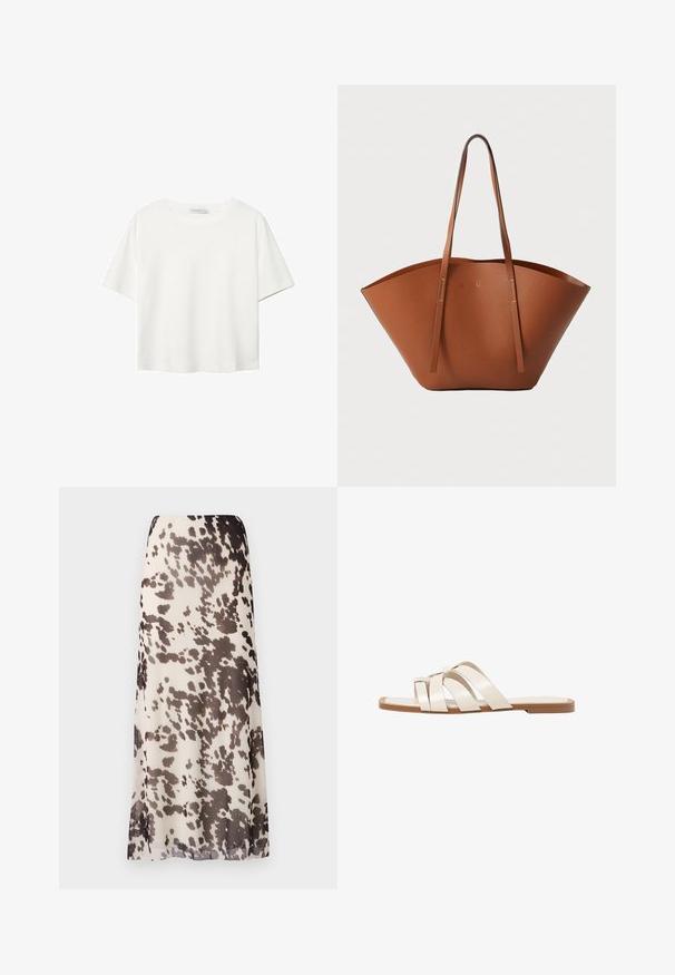 Hvid kortærmet t-shirt lavet af bomuld. Har en rund halsudskæring og en afslappet pasform. Glat tekstur uden synlige mønstre eller detaljer.; Maxi-nederdel lavet af letvægts, gennemsigtigt stof med en beige bund, der har mørkebrune abstrakte pletter og en lige silhuet.; Flade sandaler med en lys gummisål, designet med tre overlappende hvide læderremme og en lille sløjfe detalje i midten.; Brun læder tote-taske med en bred, struktureret form, tynde håndtag og en tekstureret overflade. Har et minimalistisk design uden synligt hardware.