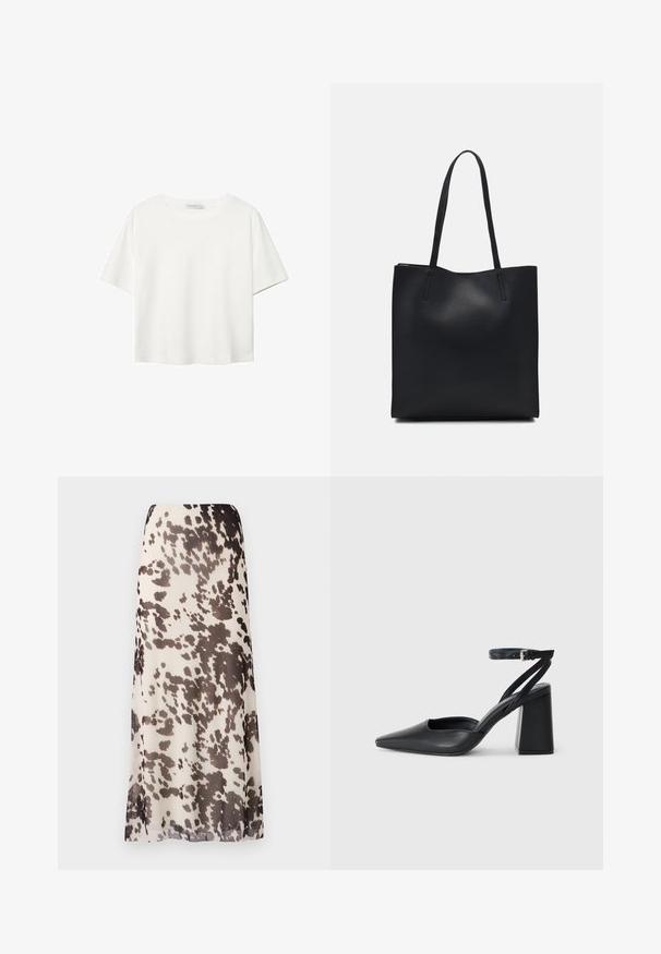 Biela krátkopsová tričko vyrobené z bavlny. Má okrúhly výstrih a voľný strih. Hladká textúra bez viditeľných vzorov alebo akcentov.; Maxi sukňa vyrobená z ľahkého, priesvitného materiálu, s béžovým základom a tmavohnedými abstraktnými škvrnami, so straight siluetou.; Čierne kožené lodičky s špicatou špičkou a členkovým remienkom, s masívnym podpätkom. Hladký povrch, elegantný dizajn a minimalistická estetika.; Čierna kožená taška na rameno s hladkým povrchom, obdĺžnikovým tvarom a dvoma dlhými uchami. Bez viditeľného kovania alebo ozdôb.