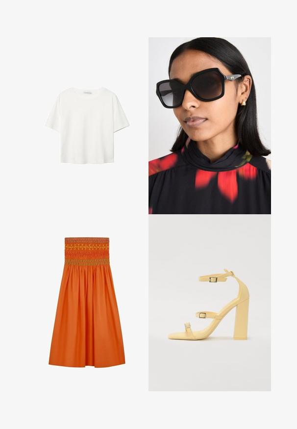 Weißes T-Shirt mit kurzen Ärmeln aus Baumwolle. Hat einen Rundhalsausschnitt und eine lockere Passform. Glatte Textur ohne sichtbare Muster oder Akzente.; Oranger Baumwollrock mit einem gerafften Bund und mehrfarbiger Stickerei. Ausgestellte Form mit glatter Textur, knielange Länge.; Gelbe Blockabsatzsandalen mit drei verstellbaren Riemen, quadratischer Zehenform, glattem synthetischem Material und silberfarbenen Schnallen.; Schwarze übergroße Sonnenbrille mit geometrischem Rahmen, dunkel getönten Gläsern und goldfarbenen Akzenten, getragen mit einem hochgeschlossenen Oberteil im floralen Muster.; Braune Leder-Tote mit glatter Textur, offenem Oberteil und zwei Schulterriemen. Verfügt über minimale Nähte und keine sichtbaren Beschläge.