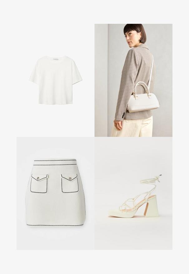 Biela krátkopsová tričko vyrobené z bavlny. Má okrúhly výstrih a voľný strih. Hladká textúra bez viditeľných vzorov alebo akcentov.; Biela látková minisukňa s čiernym prešitím, ktorá má dva predné vrecká s klopami a strieborné gombíkové akcenty. Hladká textúra s pevným tvarom.; Biele sandále na vysokom opätku s hrubým podpätkom, s pruhovaným dizajnom a viazaním na členku. Hladký povrch s platformou vpredu pre zvýšenú výšku.; Biela štruktúrovaná kabelka s krátkymi rúčkami a ramenným popruhom, s zlatými kovovými prvkami a textúrovaným materiálom, vystavená na šedom pozadí.