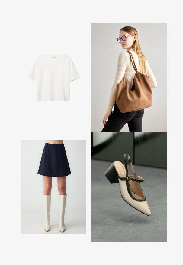 Weißes T-Shirt mit kurzen Ärmeln aus Baumwolle. Hat einen Rundhalsausschnitt und eine lockere Passform. Glatte Textur ohne sichtbare Muster oder Akzente.; Marinefarbener A-Linien-Rock mit vertikalen Nadelstreifen, gefärbtem Design und elastischem Taillenbund. Kombiniert mit glänzenden, knielangen weißen Stiefeln.; Beige Slingback-Schuh mit spitzer Zehenpartie, schwarzer Umrandung, goldener Schnalle und dicker Blockabsatz auf grauem Boden vor dunklem grünen Hintergrund.; Braune Wildleder-Tasche mit weicher Textur, großer Öffnung und langen Trägern. Sie verfügt über ein simples Design mit sichtbarem Stich und ohne Beschläge.