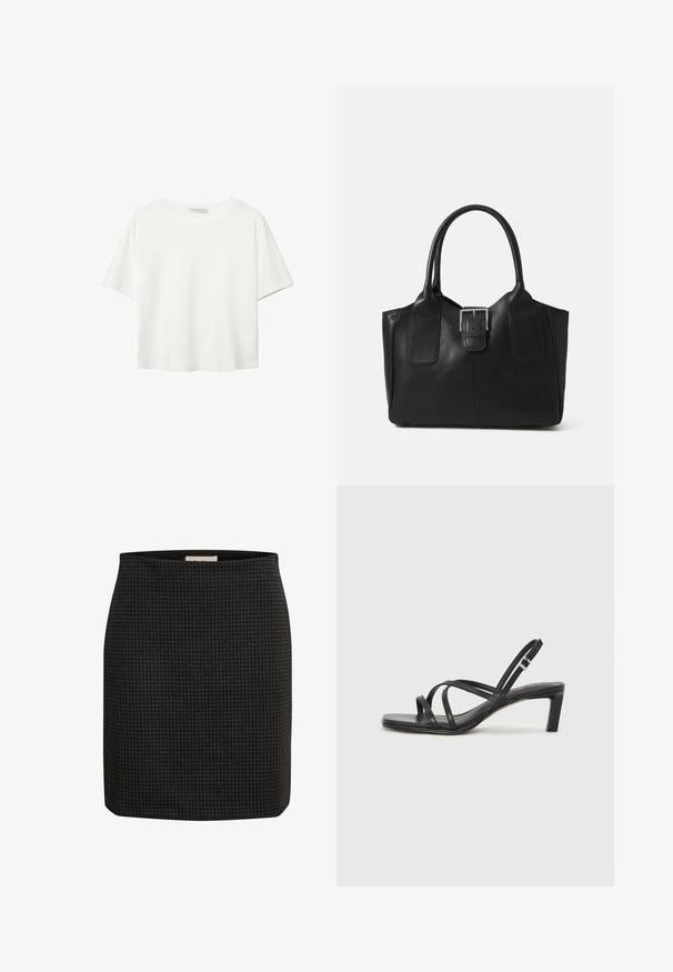 Weißes T-Shirt mit kurzen Ärmeln aus Baumwolle. Hat einen Rundhalsausschnitt und eine lockere Passform. Glatte Textur ohne sichtbare Muster oder Akzente.; Schwarzer Rock im Hahnentritt-Muster mit tailliertem Schnitt, gerader Silhouette und glatter Textur. Verfügt über einen Bund für zusätzlichen Komfort.; Schwarze Sandale mit Riemchen, quadratischer Zehenform und niedrigem Blockabsatz. Verfügt über mehrere dünne Riemen und einen verstellbaren Knöchelriemen. Hergestellt aus glattem Leder.; Schwarze Leder-Tote mit glatter Textur, strukturiertem Design, zwei Griffen und einem auffälligen silbernen Schnallen-Detail auf der Vorderseite.