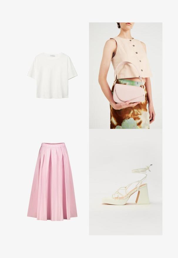 Hvid kortærmet t-shirt lavet af bomuld. Har en rund halsudskæring og en afslappet pasform. Glat tekstur uden synlige mønstre eller detaljer.; Rosa plisseret midi-nederdel med en løs silhuet, lavet af letvægtigt stof, med en taljeelastik og en skjult lynlås bagpå.; Hvide højhælede sandaler med en kraftig hæl, der har et stropdesign og ankelbinding. Glat tekstur med en platform foran for ekstra højde.; Lyserød læderhandtaske med en buet klap, enkel skulderrem og rene linjer. Tasken har en glat overflade og et minimalistisk design.