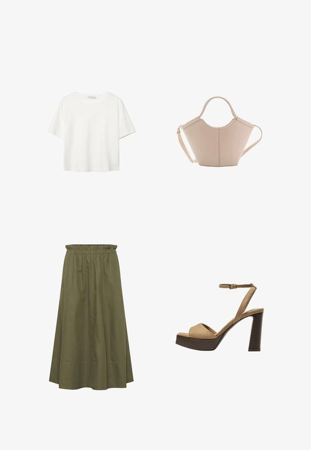 Bílý krátký rukáv tričko vyrobené z bavlny. Má kulatý výstřih a volný střih. Hladký materiál bez viditelných vzorů nebo akcentů.; Zelená bavlněná sukně s elastickým pasem, délka nad kolena a boční kapsy. Hladká textura a jednoduchý, splývavý tvar.; Bežové semišové sandály na vysokém podpatku s širokým předním páskem a páskem kolem kotníku, s masivním dřevěným blokovým podpatkem s texturovaným povrchem.; Beige kožená kabelka s jedinečným tvarem, vybavená dvěma krátkými uchy a dlouhým nastavitelným popruhem. Hladká textura s minimem kovových doplňků.