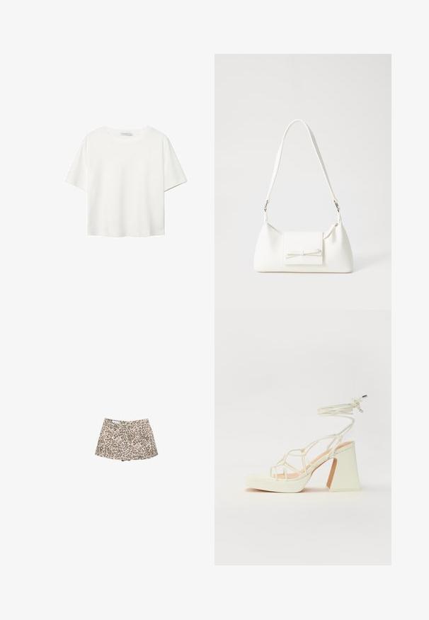 Vit t-shirt med kort ärm i bomull. Har en rundad halsringning och en avslappnad passform. Slät textur utan synliga mönster eller detaljer.; Däggdjursmönstrade denimshorts, beige bas med mörkbruna fläckar, hög midja, två framfickor och en stilren klippning.; Vit högklackad sandal med en kraftig klack, med ett remdesign och ankelband. Slät textur med en plattform framtill för ökad höjd.; Vit syntetisk handväska med triangulär form, platt framklaff och rosettdetalj, justerbar rem, slät textur och minimalistisk design.