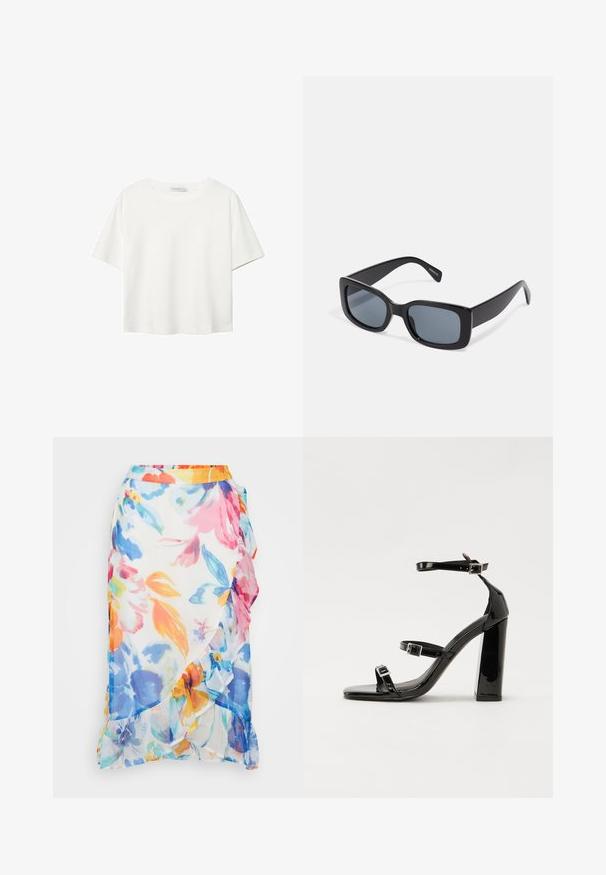 Valkoinen lyhythihainen T-paita, joka on tehty puuvillasta. Siinä on pyöreä kaula-aukko ja rento malli. Silkkinen pinta ilman näkyviä kuvioita tai koristeita.; Kukallinen kietaisuhame kevyestä, läpinäkyvästä kankaasta. Ominaisuuksiin kuuluvat kirkkaat moniväriset kukat, röyhelöhelma ja kontrastoiva oranssi vyötärönauha.; Musta kiiltävä korkokenkä sandaalit neliönmuotoisella varpaalla, nilkkaremmillä ja hopeisilla soljilla. Varustettu tukevalla lohkokorkealla vakauden takaamiseksi.; Mustat suorakulmaiset aurinkolasit tummilla tummennetuilla linsseillä, paksu muovikehys ja leveät tempurit. Sileä pinta ja kulmikas muotoilu.; Musta nahkainen käsilaukku, joka on kaareva muotoilultaan, irrotettavalla hihnalla ja kultaisilla yksityiskohdilla. Laukussa on läppä, jossa on solk yksityiskohta.