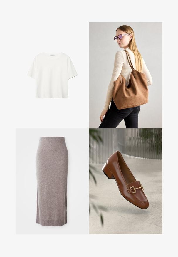 Witte korte mouwen t-shirt van katoen. Heeft een ronde halslijn en een ontspannen pasvorm. Glad textuur zonder zichtbare patronen of accenten.; Knielange, taupe gebreide kokerrok met een geribde tailleband en zoom, voorzien van zijsplitten voor extra comfort en stijl.; Bruine lakleren loafer met vierkante neus, metallic kettingaccent en lage blokhak; gladde textuur, minimalistisch ontwerp.; Bruine suède totebag met zachte textuur, grote opening en lange hengsels. Het heeft een eenvoudig ontwerp met zichtbare stiksels en geen hardware.