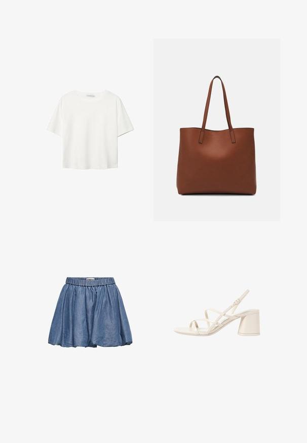 Bijela majica kratkih rukava od pamuka. Ima okrugli izrez i opušteni kroj. Glatka tekstura bez vidljivih uzoraka ili naglasaka.; Traper suknja s elastičnim pojasom, lepršavog dizajna i svijetloplave boje. Ima glatku teksturu i naborano tkanje.; Bežne sandale s petom u bež boji s tankim, ukrštenim trakama, otvorenim nožnim prstima i kvadratnim blok petom. Glatki patentirani finiš, podesiva remenica oko gležnja.; Smeđa kožna torba preko ramena s glatkom teksturom, otvorenim vrhom i dvjema naramenicama. Ima minimalne šavove i nema vidljivog hardvera.