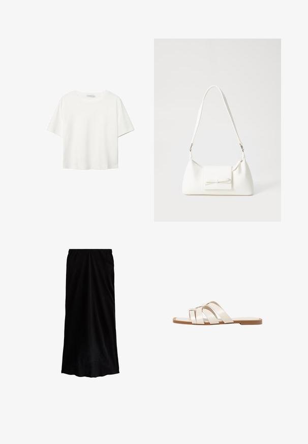 T-shirt bianco a maniche corte realizzato in cotone. Presenta un collo tondo e una vestibilità rilassata. Texture liscia senza motivi o dettagli visibili.; Gonna nera lunga fino al pavimento realizzata in un tessuto morbido e drappeggiato con una superficie liscia; presenta una vita elastica per una vestibilità comoda.; Infradito con suola in gomma color talpa, progettate con tre cinturini in pelle bianca sovrapposti e un piccolo dettaglio a fiocco al centro.; Borsa sintetica bianca a forma triangolare, con patta anteriore piatta e dettaglio a fiocco, tracolla regolabile, texture liscia e design minimalista.