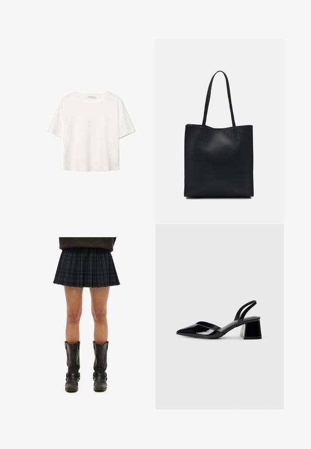 Hvid kortærmet t-shirt lavet af bomuld. Har en rund halsudskæring og en afslappet pasform. Glat tekstur uden synlige mønstre eller detaljer.; Sorte ternede plisserede nederdel parret med knæhøje sorte læderstøvler med spænder og en glat tekstur.; Sorte patentlæder slingback hæle med spids tå og en geometrisk blok hæl. Har et elegant, minimalistisk design og en glat tekstur.; Sort læder tote taske med glat tekstur, rektangulær form og to lange hanke. Ingen synlig hardware eller udsmykninger.