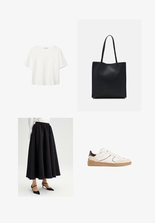Bijela majica kratkih rukava od pamuka. Ima okrugli izrez i opušteni kroj. Glatka tekstura bez vidljivih uzoraka ili naglasaka.; Crna maxi suknja s nabranošću na struku, izrađena od laganog materijala. Ima glatku teksturu i suptilan draping dizajn, u kombinaciji s potpeticama.; Stradivarius Tenisice - white; Crna kožna torba za nošenje s glatkom teksturom, pravokutnim oblikom i dvije duge ručke. Nema vidljivih metalnih dijelova ili ukrasa.