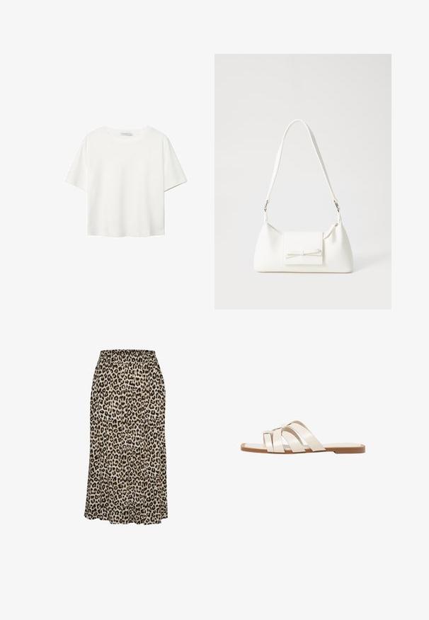 T-shirt bianco a maniche corte realizzato in cotone. Presenta un collo tondo e una vestibilità rilassata. Texture liscia senza motivi o dettagli visibili.; Gonna a fantasia leopardo realizzata in tessuto leggero, con vita elasticizzata e una silhouette svasata che arriva fino a metà polpaccio.; Infradito con suola in gomma color talpa, progettate con tre cinturini in pelle bianca sovrapposti e un piccolo dettaglio a fiocco al centro.; Borsa sintetica bianca a forma triangolare, con patta anteriore piatta e dettaglio a fiocco, tracolla regolabile, texture liscia e design minimalista.