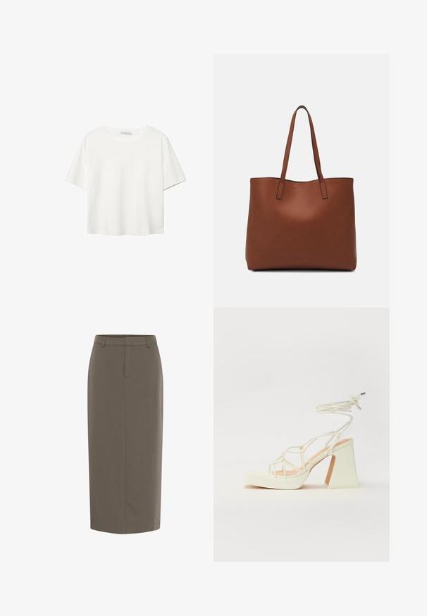 Vit t-shirt med kort ärm i bomull. Har en rundad halsringning och en avslappnad passform. Slät textur utan synliga mönster eller detaljer.; Khaki penningkjol i knälängd, tillverkad av en slät tyg. Har en figursydd midja, framfickor och rena linjer. Inga fickor eller synlig hårdvara.; Vit högklackad sandal med en kraftig klack, med ett remdesign och ankelband. Slät textur med en plattform framtill för ökad höjd.; Brun läder tote-väska med en slät textur, öppen toppdesign och två axelremmar. Har minimal söm och ingen synlig metalldetalj.