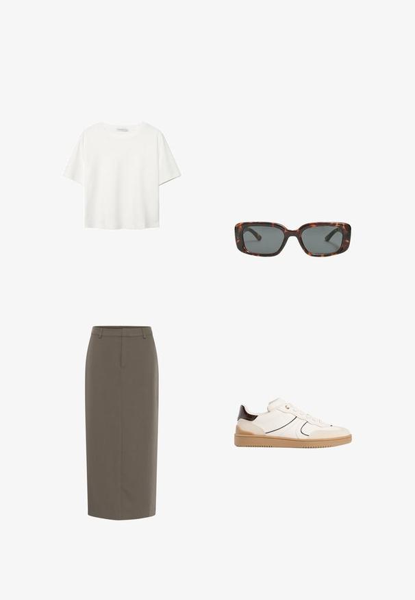 T-shirt bianco a maniche corte realizzato in cotone. Presenta un collo tondo e una vestibilità rilassata. Texture liscia senza motivi o dettagli visibili.; Gonna a matita color khaki, di lunghezza al ginocchio, realizzata in tessuto liscio. Presenta una vita aderente, pieghe frontali e linee pulite. Senza tasche o hardware visibile.; Stradivarius Sneakers basse - white; Occhiali da sole tartaruga con lenti rettangolari, montatura spessa e lenti scure. Texture liscia e design minimalista.