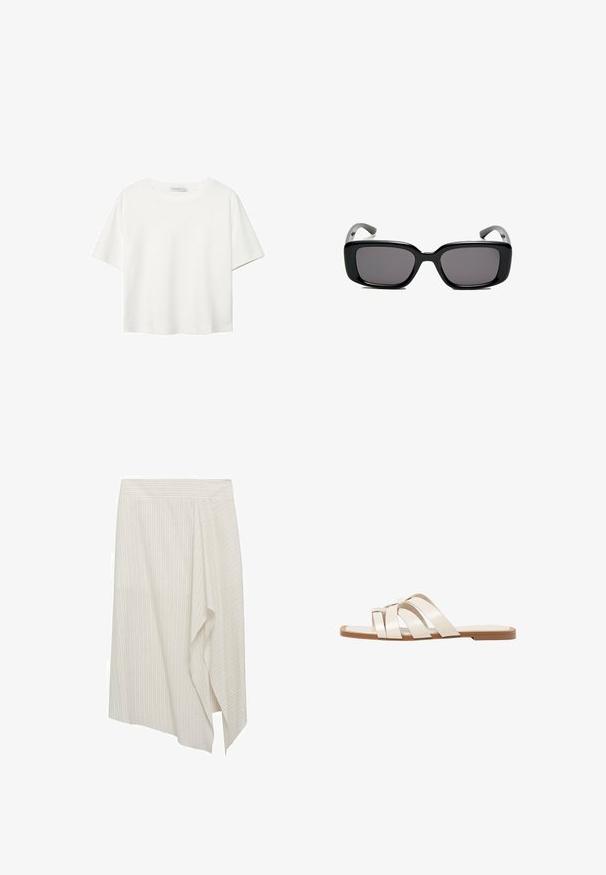 T-shirt blanc à manches courtes en coton. Doté d'un col ras du cou et d'une coupe décontractée. Texture lisse sans motifs ni accents visibles.; Jupe blanche asymétrique avec de légères rayures verticales, présentant un design drapé et une texture de tissu lisse. Taille simple, sans ornement.; Sandales plates avec une semelle en caoutchouc beige, conçues avec trois brides en cuir blanc se chevauchant et un petit nœud au centre.; Lunettes de soleil noires rectangulaires avec des verres foncés, monture en plastique lisse et branches courbées. Le design est épais avec une esthétique minimaliste.