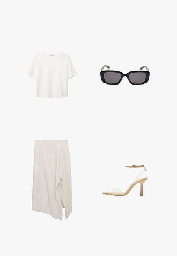 Biała koszulka z krótkim rękawem, wykonana z bawełny. Posiada okrągły dekolt i luźny krój. Gładka faktura bez widocznych wzorów czy akcentów.; Asymetryczna biała spódnica z jasnymi pionowymi paskami, z drapowaną konstrukcją i gładką fakturą tkaniny. Prosty pas, bez ozdób.; Przezroczysta sandał z obcasem, z przezroczystą cholewką, beżową wkładką i smukłym paskiem w okolicy kostki. Posiada spiczasty czubek i cienki wysoki obcas.; Czarne prostokątne okulary przeciwsłoneczne z ciemnymi soczewkami, gładką plastikową ramką i wygiętymi zausznikami. Projekt jest masywny, o minimalistycznej estetyce.