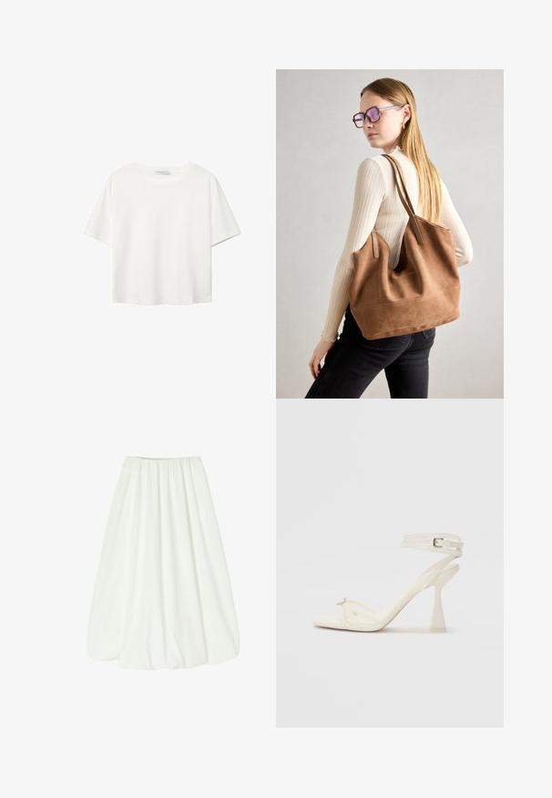 Bílý krátký rukáv tričko vyrobené z bavlny. Má kulatý výstřih a volný střih. Hladký materiál bez viditelných vzorů nebo akcentů.; Bílá sukně po kolena s elastickým pasem. Měkká tkanina s hladkým povrchem a plný silueta, vytvářející jemné záhyby.; Bílé kožené sandály na vysokém podpatku s tenkými řemínky, elegantním designem, průhledným blokovým podpatkem a dekorativním prvkem na špičce.; Hnědá semišová taška přes rameno se soft-touch texturou, velkým otvorem a dlouhými popruhy. Disponuje jednoduchým designem s viditelným šitím a bez kovových prvků.