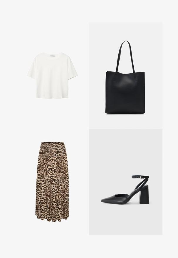 T-shirt bianco a maniche corte realizzato in cotone. Presenta un collo tondo e una vestibilità rilassata. Texture liscia senza motivi o dettagli visibili.; Gonna maxi con stampa leopardata, con vita arricciata e orlo a strati di volant, caratterizzata da tonalità di beige, marrone e nero in un tessuto morbido.; Pump in pelle nera con punta affusolata, cinturino alla caviglia e tacco spesso. Texture piatta, design elegante ed estetica minimalista.; Borsa tote in pelle nera con texture liscia, forma rettangolare e due manici lunghi. Nessun hardware o decorazione visibile.