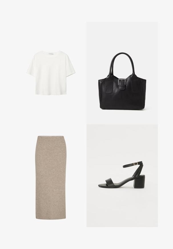Bela kratka majica s kratkimi rokavi iz bombaža. Ima okroglo izrezovanje in sproščen kroj. Gladka tekstura brez vidnih vzorcev ali poudarkov.; Bež midi krilo z rebercami, izdelano iz mehkega materiala, z oprijetim krojem in elastičnim pasom. Enostavna zasnova brez okrasitev.; Črne sandale na peto z gladkim usnjenim zgornjim delom, odprtim nosom, širokimi sprednjimi trakovi in nastavljivim gležnjenčkom z zlatim zaponko.; Črna usnjena torba s gladko teksturo, strukturirano obliko, dvema ročkama in izrazitim srebrnim sponko na sprednji strani.