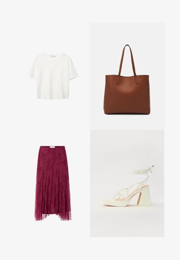 T-shirt bianco a maniche corte realizzato in cotone. Presenta un collo tondo e una vestibilità rilassata. Texture liscia senza motivi o dettagli visibili.; Gonna in pizzo borgogna con motivo floreale, sopracoperta in tessuto trasparente e design plissettato. Presenta una vita aderente e una silhouette fluida.; Sandalo bianco con tacco alto, caratterizzato da un design a cinturini e un legaccio alla caviglia. Texture liscia con una piattaforma frontale per un'altezza aggiuntiva.; Borsa tote in pelle marrone con texture liscia, design con apertura superiore e due spallacci. Presenta cuciture minime e nessun hardware visibile.