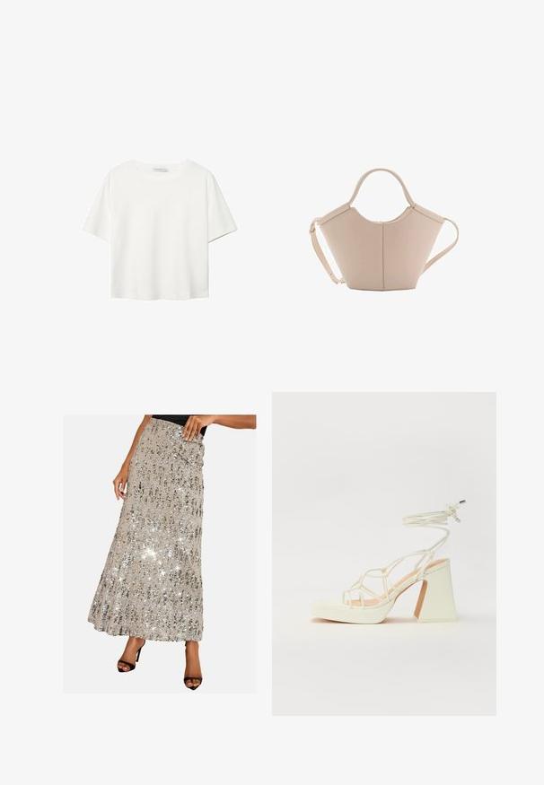 Valkoinen lyhythihainen T-paita, joka on tehty puuvillasta. Siinä on pyöreä kaula-aukko ja rento malli. Silkkinen pinta ilman näkyviä kuvioita tai koristeita.; Maxihame, joka on valmistettu säihkeästä hopeanvärisestä strassista, jossa on teksturoitu, laskostettu muotoilu. Ominaisuutena on istuva vyötärö ja rento, virtaava siluetti.; Valkoinen korkokenkä, jossa on paksu korko, ja joka sisältää nauhakiinnityksen ja nilkkaketjun. Sujuva pinta, jossa on platform-etupohja lisäkorkeutta varten.; Vaaleanbeige nahkainen käsilaukku, jossa on ainutlaatuinen muoto, varustettuna kahdella lyhyellä kahvalla ja yhdellä pitkällä säädettävällä hihnalla. Sujuva pinta ja vähän metalliosia.